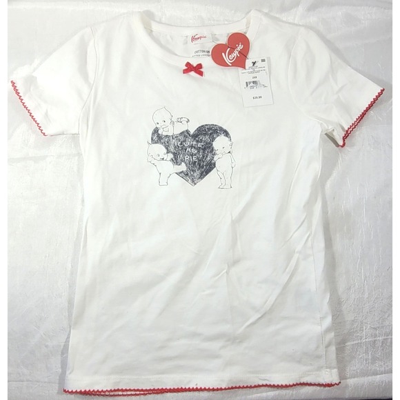 Cotton On Tops - Cotton:On Fitted Longline Kewpie Cute As Pie T-Shirt - White w/ Red Trim - XXS